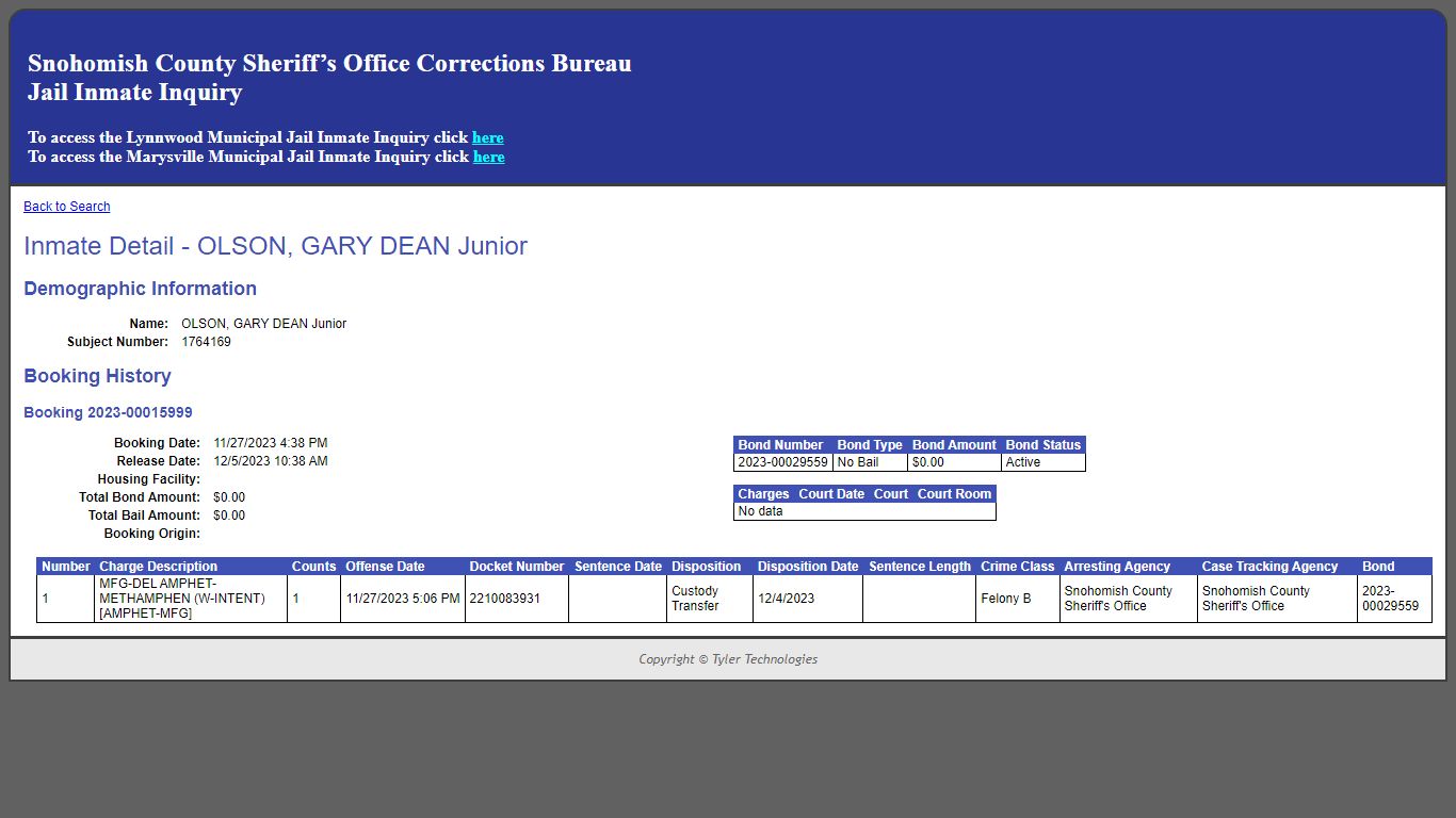Inmate Detail - OLSON, GARY DEAN Junior